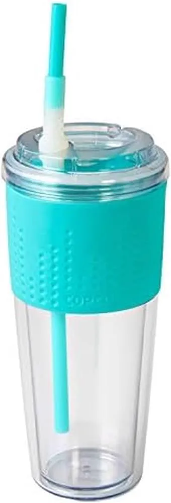 Copco Lock-n-Roll Double Wall Tritian Spill-Proof Tumbler with Soft Grip Sleeve and Patented Flip Up Straw, 20-Ounce, Teal