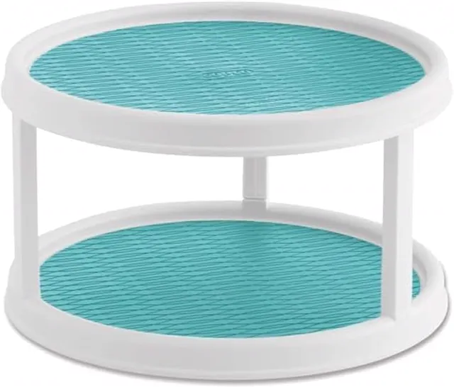 Copco 2-Tier Lazy Susan Turntable Organizer, 12 Inch Rotating Cabinet Organizer with Nonskid Aqua Liner, Durable Plastic Pantry and Kitchen Storage