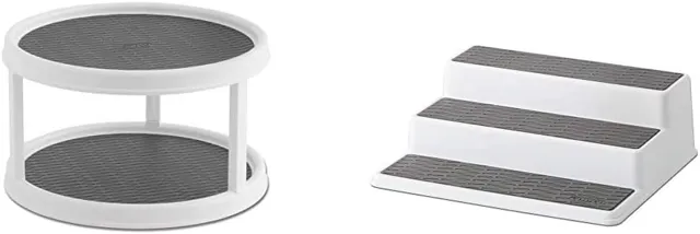 Copco Non-Skid Turntable (2-Tier, 12-Inch, White/Gray) Non-Skid 3-Tier Spice Pantry Kitchen Cabinet Organizer (10-Inch, White/Gray)