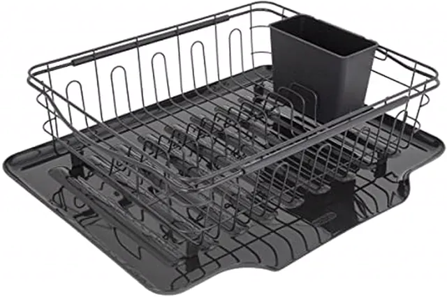 Copco 3-in-1 Dish Drying Rack for Kitchen Counter, Sink, or Over Sink - Black Carbon Steel Wire Dish Rack with Removable Flatware Caddy and Adjustable Arms