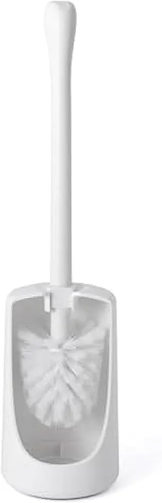 Copco Toilet Brush with Holder - White Plastic Bathroom Brush Set, Easy Release Design, Compact Caddy with Soft Foot Floor Protection, Sleek Style for Any Bathroom