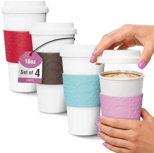 Copco Acadia 16 oz travel mug, set of 4 in Pink/Azure/Brown/Red