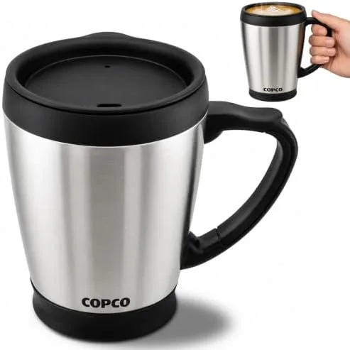 Copco stainless steel 16 oz coffee mug with lid in Silver